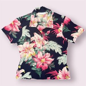 VTG Dana Buchman 🌴 100% Silk Tropical Floral Women's Shirt Pink and Black 8